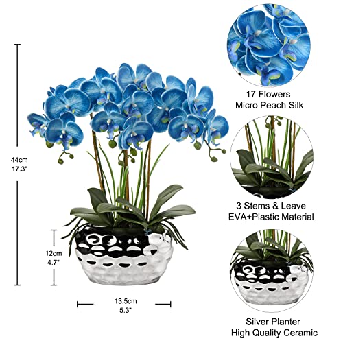 Briful Orchids Artificial Flowers 18" Blue Phalaenopsis Large Orchid with Silver Ceramic Pots Fake Orchid Flower for Home Office Bathroom Living Room Table Decoration