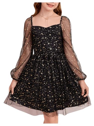 WDIRARA Girl's Polka Dots Mesh Puff Long Sleeve Ruffle Hem A Line Dress Black Star 8Y