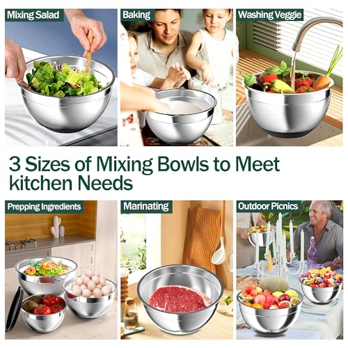 Mixing Bowls with Airtight Lids, Stainless Steel Mixing Bowl Set with 3 Metal Nesting Bowls, Colander & Grater, Non-Slip Bottoms, Size 1.5, 2.5, 6 QT, Great for Mixing & Serving, Black