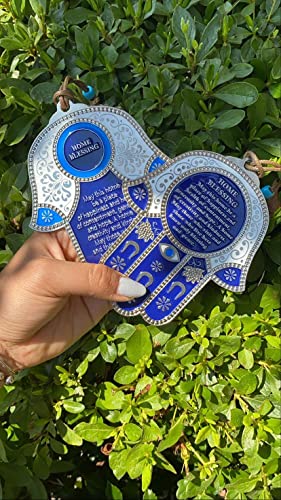 Hamsa Wall Decor Red/Blue Evil Eye Charm Protection Amulet Home/Business Good Luck Charms in English/Hebrew Blessings (Blue/White, English Blessing)