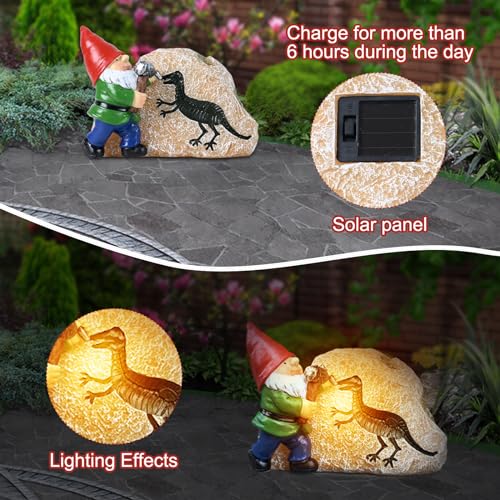 Yiosax Garden Gnome Statues-Solar Gnomes Statues-Outdoor Gnome Figurine Decor Dinosaur Resin Decoration for Patio Yard Lawn Ornament Dwarf Gift for Woman 5.5 Inches