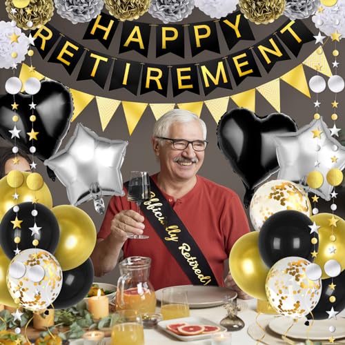 GAGAKU Happy Retirement Banner Assembled,Black and Gold Retirement Party Decorations,Retirement Decoration Set Retired Sash Foil Balloon Retirement Party Supplies for Office Farewell Party