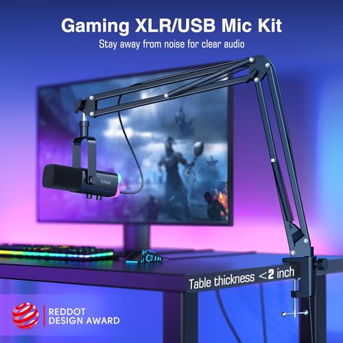 FIFINE XLR/USB Gaming Microphone Set, Dynamic PC Mic for Streaming Podcasting, Computer RGB Mic Kit with Boom Arm Stand, Mute Button, Headphones Jack, for Recording Vocal Voice-Over-AmpliGame AM8T