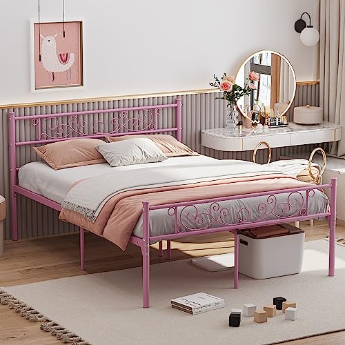 Elephance Full Size Bed Frame with Headboard and Footboard, Metal Platform Bed Frame with 14 Inch Storage Space No Box Spring Needed Easy Assembly for Adult White
