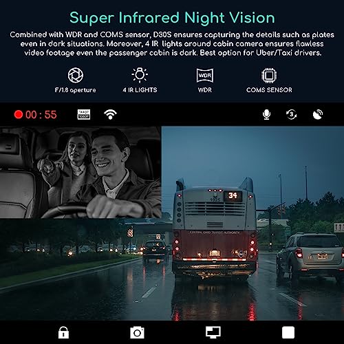COOAU D30S 4K Dash Cam with GPS Wi-Fi, Front and Inside Dual 2.5K 1080P, Uber Car Camera with Infrared Night Vision, Supercapacitor, 4 IR LEDs, G-Sensor, Parking Mode, Loop Recording