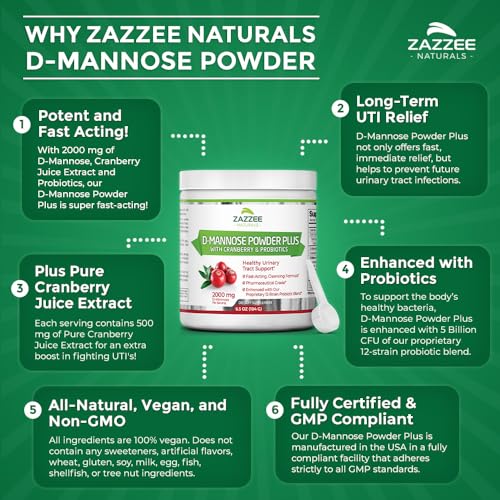 Zazzee D-Mannose Powder Plus, 2000 mg, 67 Servings, Potent & Fast-Acting, Plus 5 Billion CFU Probiotics and Pure Cranberry Juice Extract, Free Scoop, 6.5 Oz, Vegan, Gluten-Free, Non-GMO, All-Natural