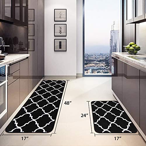 Carvapet 2 Pieces Microfiber Moroccan Trellis Non-Slip Soft Kitchen Mat Bath Rug Doormat Runner Carpet Set, 17"x48"+17"x24", Black
