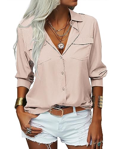 Veatzaer Womens Solid Lapel Long Sleeves Button Down Shirt Top Casual Basic Office Blouse Apricot