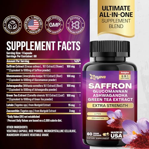 Zoyava Saffron Supplements 1000mg Glucomannan 1000mg Ashwagandha 1000mg Green Tea Extract 1000mg Lutein & Zeaxanthin - Pure Saffron Extract Capsules - Mood & Vision Pills - 2 Month Supply