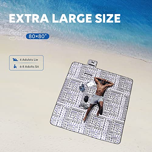 ZAZE Picnic Blankets Beach Blanket with Stakes, Thick 3-Layer Waterproof Sandproof 80 * 80 Oversized Mat, Foldable Extra Large Big, Machine Washable Accessories for Outdoor Camping Park (Black Blue)