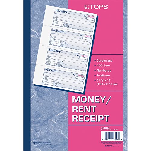 TOPS Money/Rent Receipt Book, 3-Part, Carbonless, 11 x 7-5/8 Inches, 4 Receipts/Page, 100 Sets per Book (46808)