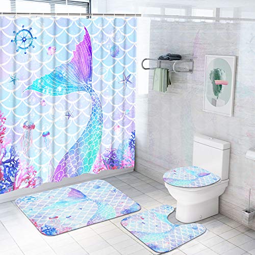 4 Pcs Flower Butterfly Shower Curtain Set with Non-Slip Rug, Toilet Lid Cover and Mat, Colorful Floral Shower Curtain with 12 Hooks, Waterproof Fabric Bath Curtain for Bathroom, Blue