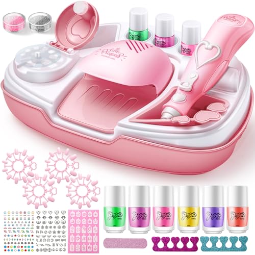 Polish Kit Makeup, Geyiie Nail Makeup Toys with Dryer,7 Bright Colors Girls Nail with Mirror Comb,Sticky Cartoon Fake Nail, DIY Sticker, Nail Studio Decoration Birthday Gift for Kids Girls Ages 7-12