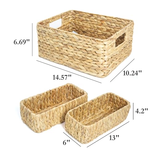 HOMESTEAD Water Hyacinth Storage Baskets, Long Narrow Rectangular Wicker Baskets for Bedroom, Living Room, Bathroom, Shelves - Set of 3