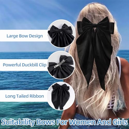 NYXXZ Hair Clip, Large Black Silky Satin Bow Hair Barrettes, 2Pcs Oversized Ribbon Hair Bow Clips for Women, Girl, Lady, Hair Accessories