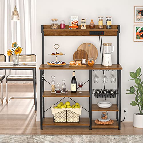 Topfurny Bakers Rack with Power Outlet, Microwave Stand, Kitchen Storage Shelf with Wire Basket, Coffee Bar Station with Wine Glass Holder, Kitchen Rack for Spices, Pots, and Pans, Rustic Brown