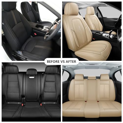 GEEMAYTEK Car Seat Cover Front Seat, Leather Seat Cover for Cars, 2Pcs Waterproof Beige Seat Cover Car Seat Protector Cushions Universal Fit for Most Cars & SUV Trucks