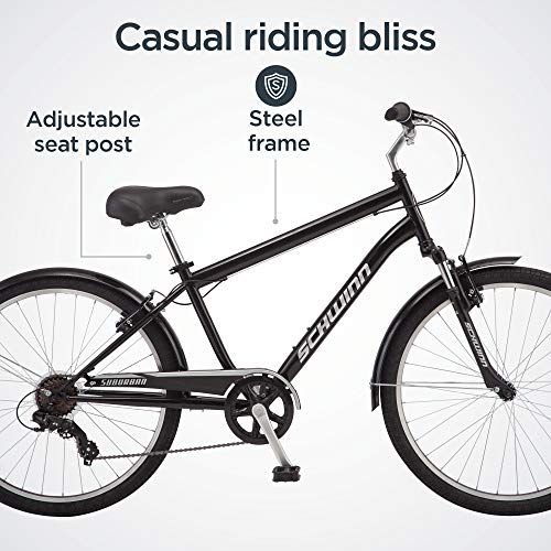 Schwinn Suburban Hybrid Bike, 26 Inch Mens and Womens Bike, 7-Speed Hybrid Bicycle, Front and Rear Linear Pull Brakes, Ergonomic Grips, Comfort Frame, Large Cushioned Seat, Fenders, Adult Bicycle
