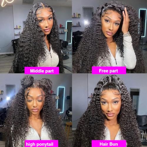 13x4 Lace Front Wigs Human Hair Deep Wave Lace Frontal Wigs 180% Density Glueless Brazilian Virgin Hair Pre Plucked with Baby Hair Natural Hairline HD Lace Wigs for Women Natural Black Color 18 Inch