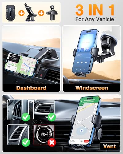 VANMASS 2024 Upgrade [Top Military-Grade] Car Phone Holder, [Newest & Strongest Suction] Cell Phone Car Mount Windshield Dashboard Vent Truck Stand Cradle for iPhone 15 Pro Max 14 13 12 Android