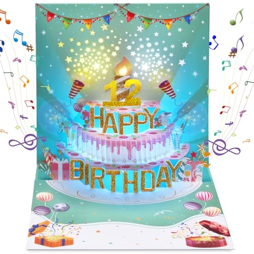 70th Musical Birthday Cards, 3D Pop Up Blowable LIGHT Cake Happy Birthday Cards with Music and Cheers Sound, Popup Greeting Birthday Gifts Card for Women, Men, Mom, Father, Grandmother Turning 70 Years Old