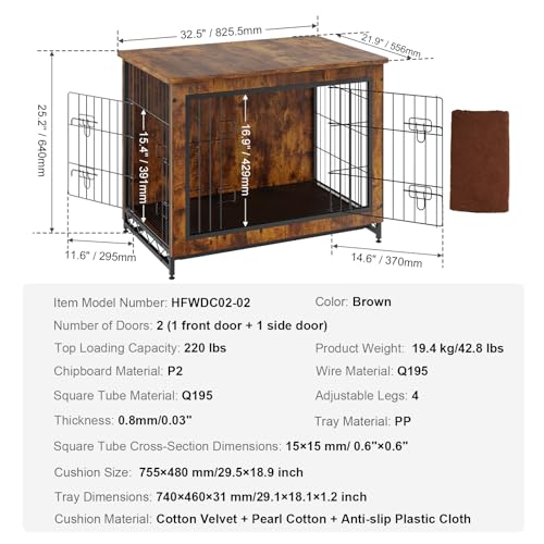 VEVOR Dog Crate Furniture, 32 inch Wooden Dog Crate with Double Doors, Heavy-Duty Dog Cage End Table with Multi-Purpose Removable Tray, Modern Dog Kennel Indoor for Dogs up to 45lb, Rustic Brown