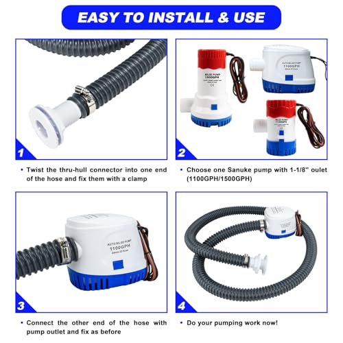 Saunke Bilge Pump Installation Kit Bilge Pump Hose 1-1/8 Inch Dia Plumbing Kit with 6 FT Premium Quality Kink-free Flexible PVC Hose, 2 Hose Clamps and Thru-Hull Fitting