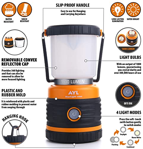 LED Camping Lantern Rechargeable, 1800LM, 4 Light Modes, 4400mAh Power Bank, IP44 Waterproof, Perfect Lantern Flashlight for Hurricane, Emergency, Power Outages, Home and More, USB Cable Included