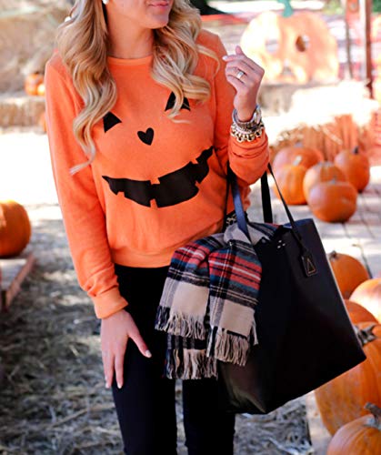 Women's Halloween Pumpkin Face Long Sleeve Sweatshirts Lightweight Casual Pullover Tops (S, Black)