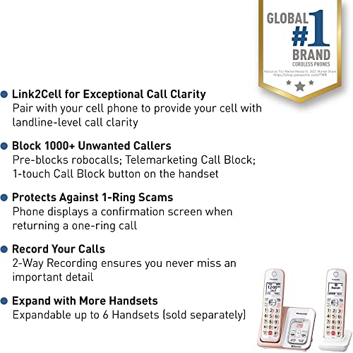 Panasonic Cordless Phone with Link2Cell Bluetooth, Voice Assistant, Answering Machine and Call Blocking, Expandable System with 2 Cordless Handsets - KX-TGD862G (Rose Gold)