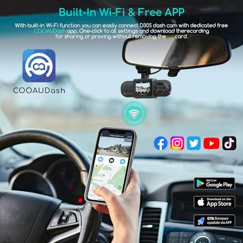 COOAU D30S 4K Dash Cam with GPS Wi-Fi, Front and Inside Dual 2.5K 1080P, Uber Car Camera with Infrared Night Vision, Supercapacitor, 4 IR LEDs, G-Sensor, Parking Mode, Loop Recording