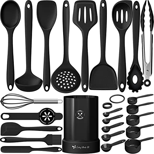 Silicone Kitchen Cooking Utensil Set, Fungun 25 Pcs Kitchen Utensils with Spatula, Spoon, Turner, Tongs, Heat Resistant Kitchen Gadgets Tools Set for Nonstick Cookware Black (Dishwasher, BPA Free)