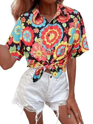 Vintage Hawaiian Shirt Woman 60s 70s Outfit Disco Hippie Party Shirts Floral Button Up Short Sleeve Tops Black