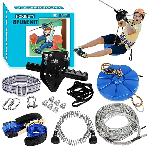 HOKINETY Zip Line Kit for Kids Adults : 76FT Up to 450Lbs - Quick Setup Zipline for Backyard Outdoor with 100% Rust Proof Removable Trolley Ratchet System Swing Seat Safety Belt Spring Brake