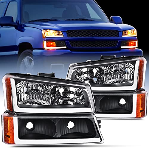 Nilight Headlights Assembly Led DRL for 2003 2004 2005 2006 Chevy Silverado Avalanche 1500 2500 3500/2007 Chevrolet Silverado Classic Headlamp,Black Housing Amber Reflector