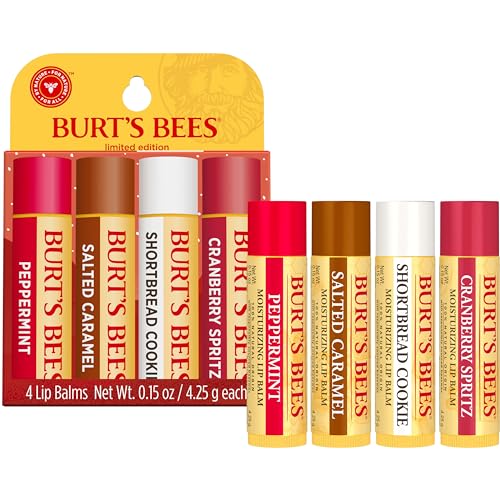 Burt's Bees Christmas Gifts, 4 Lip Balms Stocking Stuffers Products, Festive Fix Set - Peppermint, Salted Caramel, Cranberry Spritz & Shortbread Cookie (4-Pack)