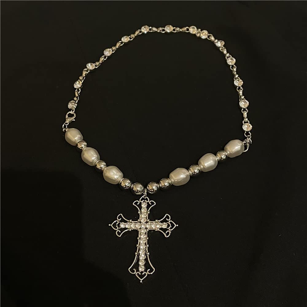 YRlilicc Vintage Gothic Shiny Rhinestone Cross Long Pendant Necklace Punk Pearl Beaded Choker Necklace Dainty Jewelry for Women