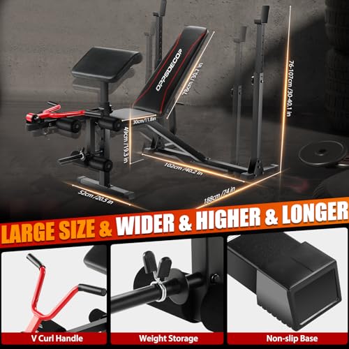 OPPSDECOR Weight Bench Set with Barbell/Squat Rack, 900LBS Heavy Duty Pro Bench Press Set with Leg Curl/Extension and Preacher Curl, Adjustable Full-Body Workout Bench for Home Gym Fitness (Darkred)