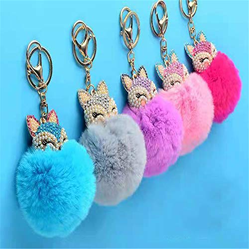 LXSSLY Blue Fox Keychain,Rabbit Fur Ball Pom Pom Crystal Keychain,Diamond Keychain,Rhinestone Car Keychains for Women Girl