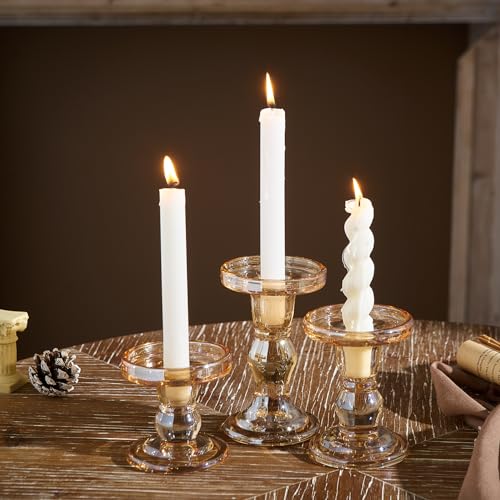 Glass Candlestick Holders for Pillar Candles Set of 3 Amber Taper Candle Holders for Table Centerpiece Candle Stands Decorative Candle Stick Holders for Wedding Party Dinner Holiday Decor Gifts