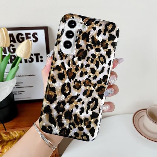 J.west Galaxy S24 Plus Case 6.7", Luxury Sparkle Glitter Translucent Cute Brown Leopard Pearly Thinfoil Design Shiny Animal Print Soft Silicone Cover for Women Girls Slim TPU Protective Phone Case