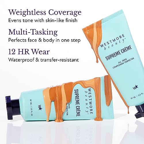 Westmore Beauty Supreme Creme All Over Complexion Perfector - Light 3.3OZ - Face, Leg and Body Makeup - Long Lasting CC Cream Self Tanner Spf Skin Tint For Waterproof, Transfer-Resistant Full Coverage