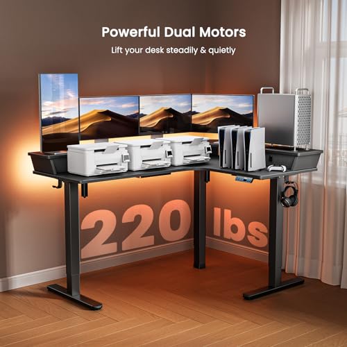 ErGear 65″ L Shaped Gaming Desk with 3 Drawers, Standing Desk Height Adjustable w/Monitor Shelf [C-Clamp Mount Compatible], Corner Stand up Desk w/Cable Management Trays for Home Office, Black