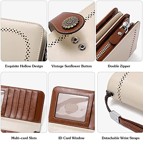 BOSTANTEN Womens Wallet Genuine Leather Large Capacity Wristlet Clutch Purse Credit Card Holder with RFID Blocking Beige-Brown