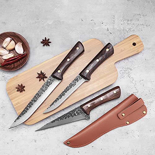 FULLHI 8pcs Butcher Knife Set Hand Forged Chef Knife Boning Knife With Sheath High Carbon Steel Carving Knife Fish Knife Chef Knife Set for Kitchen, Camping, BBQ