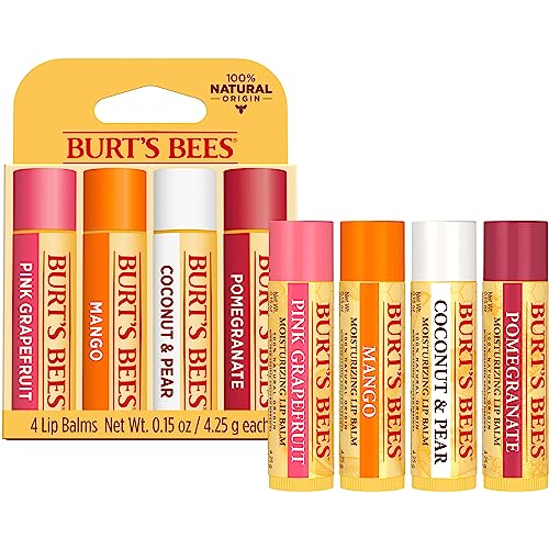 Burt's Bees Lip Balm Stocking Stuffers, Moisturizing Lip Care Christmas Gifts, SuperFruit - Pomegranate, Coconut & Pear, Mango, Pink Grapefruit, Natural Origin Treatment (4-Pack)