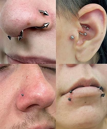 Vegolita 12PCS 316L Stainless Steel Long Spike Septum Nose Rings for Women Men Long Spike Nose Studs Horseshoe Nose Rings Cartilage Helix Tragus Hoop Earrings Nose Piercing Jewelry BS