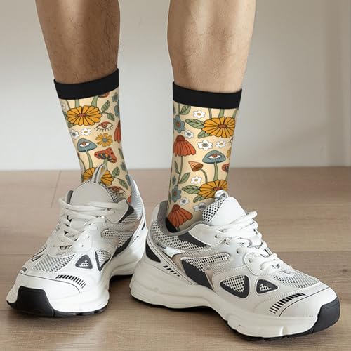 JKJOJIA 70s Retro Floral Mushroom Novelty Socks For Men Women, Funny Crazy Crew Socks Casual Dress Socks Gifts