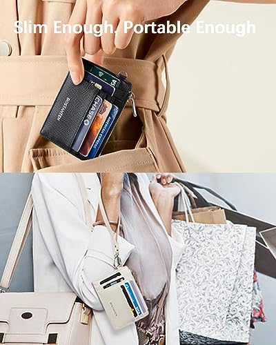 BOSTANTEN Small Wallet For Women RFID Leather Credit Card Holder Slim Wristlet Keychain Wallet With Zipper Pocket White Cow Print
