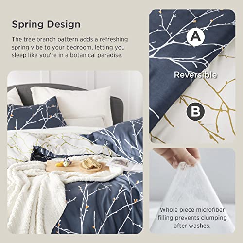 Bedsure Twin Comforter Sets - Bed in a Bag Full 7 Pieces Reversible Navy Blue Flroal Bed Set Tree Branch Pattern Printed with Comforters, Sheets, Pillowcase & Sham